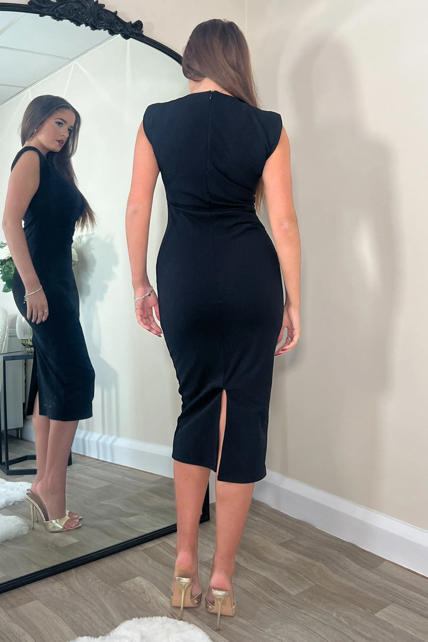 Pari Black Ruched Shoulder Pad Midi Dress