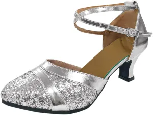 Prom Shoes for Women Sequin Latin Dance Shoes Professional Practice Heels Low Heel Ballroom Sandals with Ankle Strap