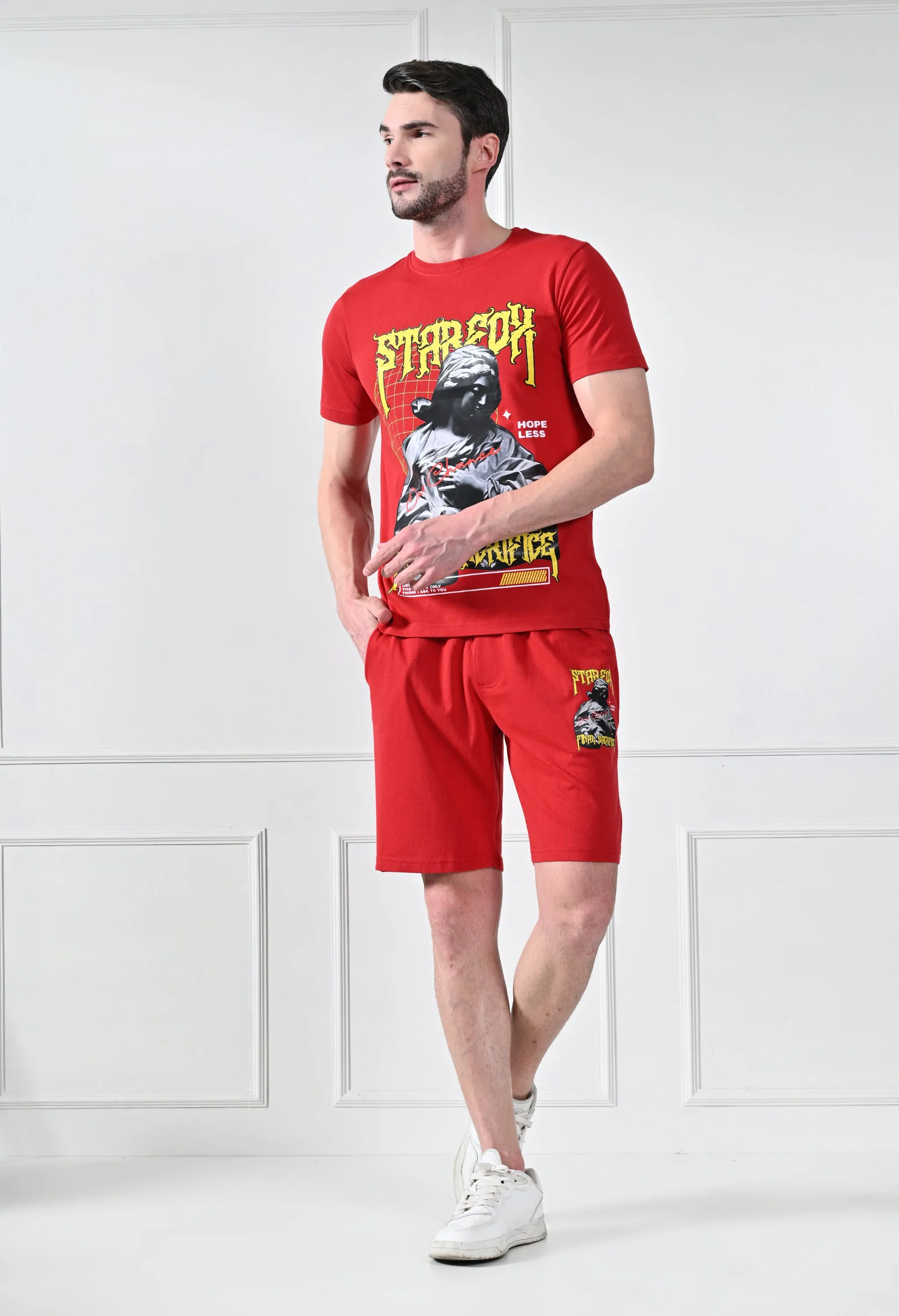Red Printed T-Shirt With Shorts  Co-Ord Set