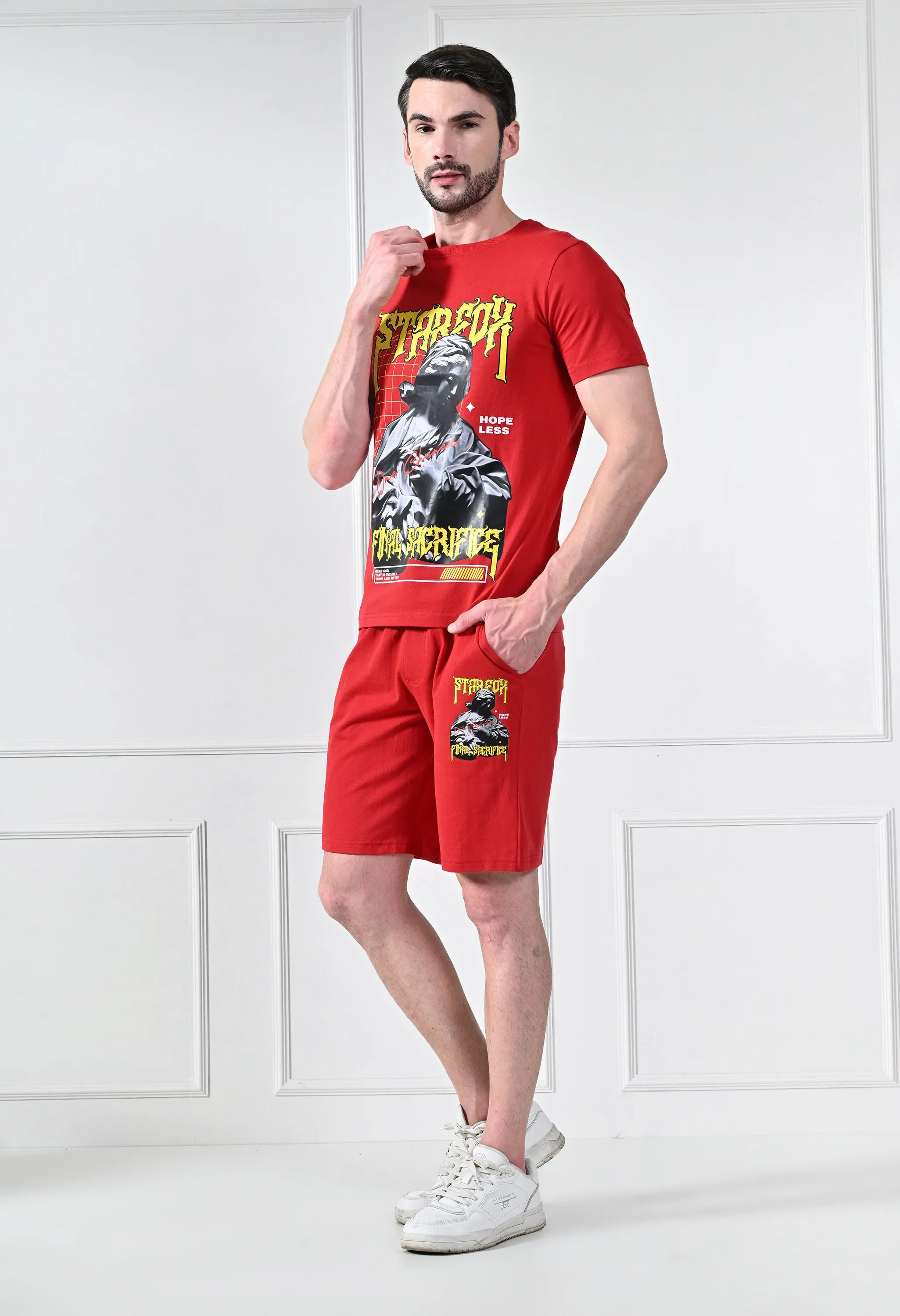 Red Printed T-Shirt With Shorts  Co-Ord Set