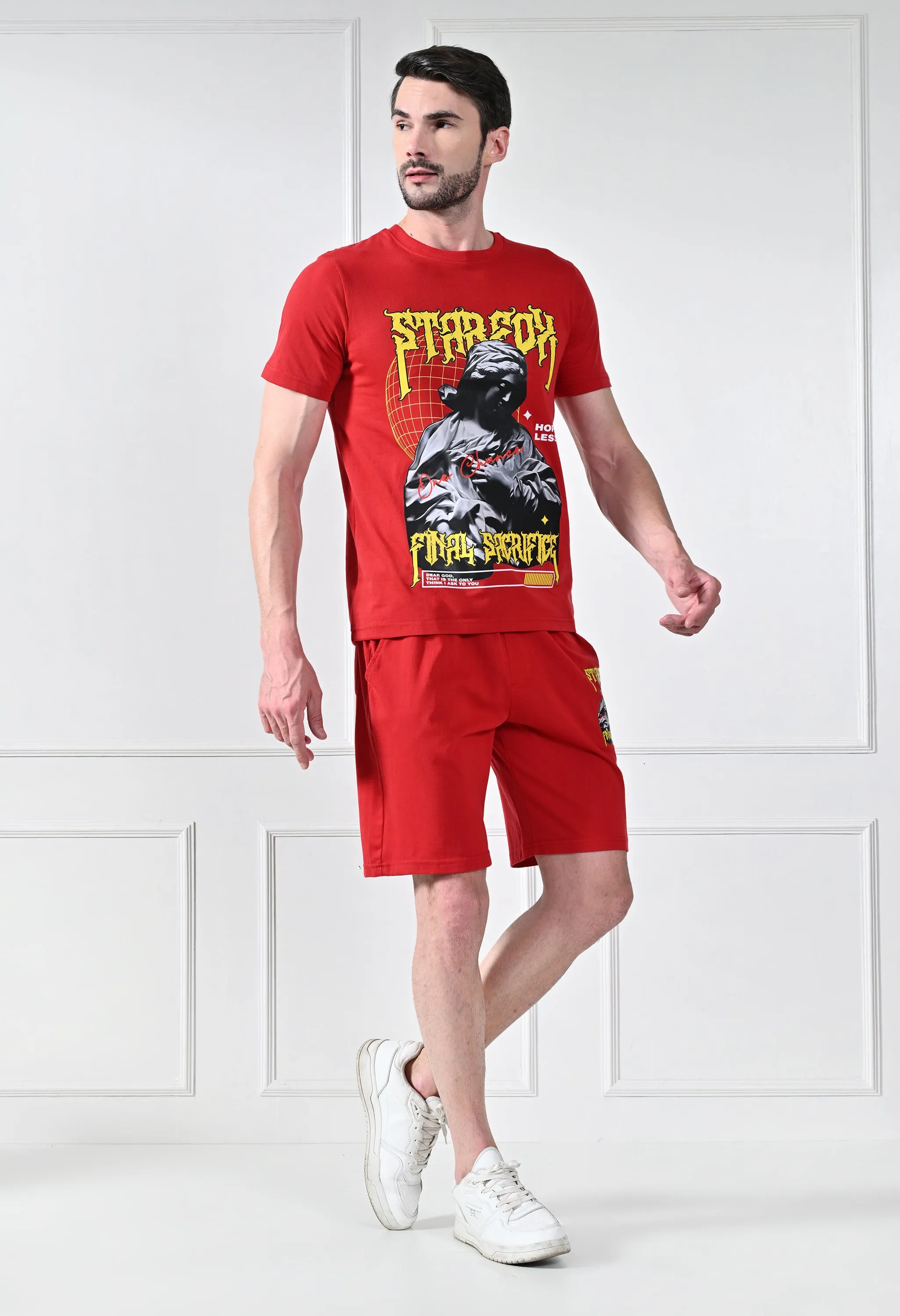 Red Printed T-Shirt With Shorts  Co-Ord Set