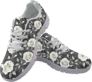 Rose Floral Garden Black Womens Running Shoes Lightweight Athletic Sneakers Tennis Sport Outdoor Shoe for Girl Teens Size US 8