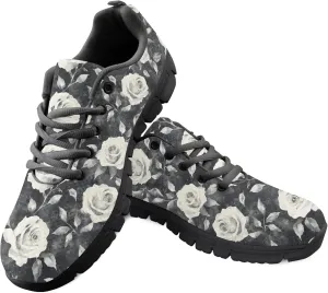 Rose Floral Garden Black Womens Running Sneakers Athletic Sports Shoes Non Slip Tennis Shoes for Adults Girls Size US 8