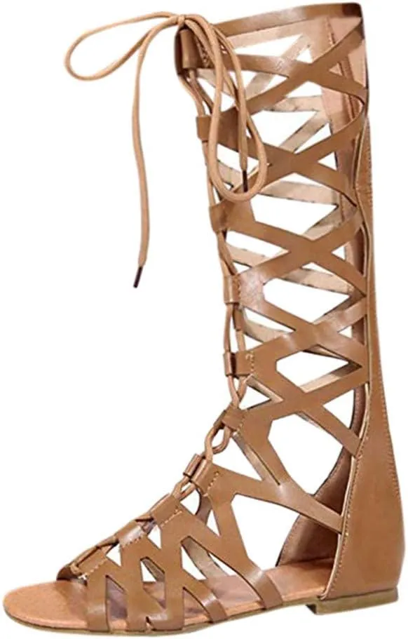 Sandals for Women Lace Up,Gladiator Sandals Platform Summer Beach Strappy Criss Cross Open Toe Knee High Flat Sandal