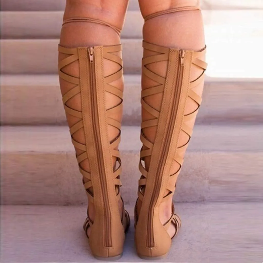 Sandals for Women Lace Up,Gladiator Sandals Platform Summer Beach Strappy Criss Cross Open Toe Knee High Flat Sandal