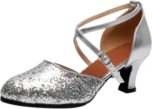 Sandals with Heels Women's Sequined Kitten Heels Closed Toe Latin Dance Shoes PU Leather Practice Ballroom Shoes