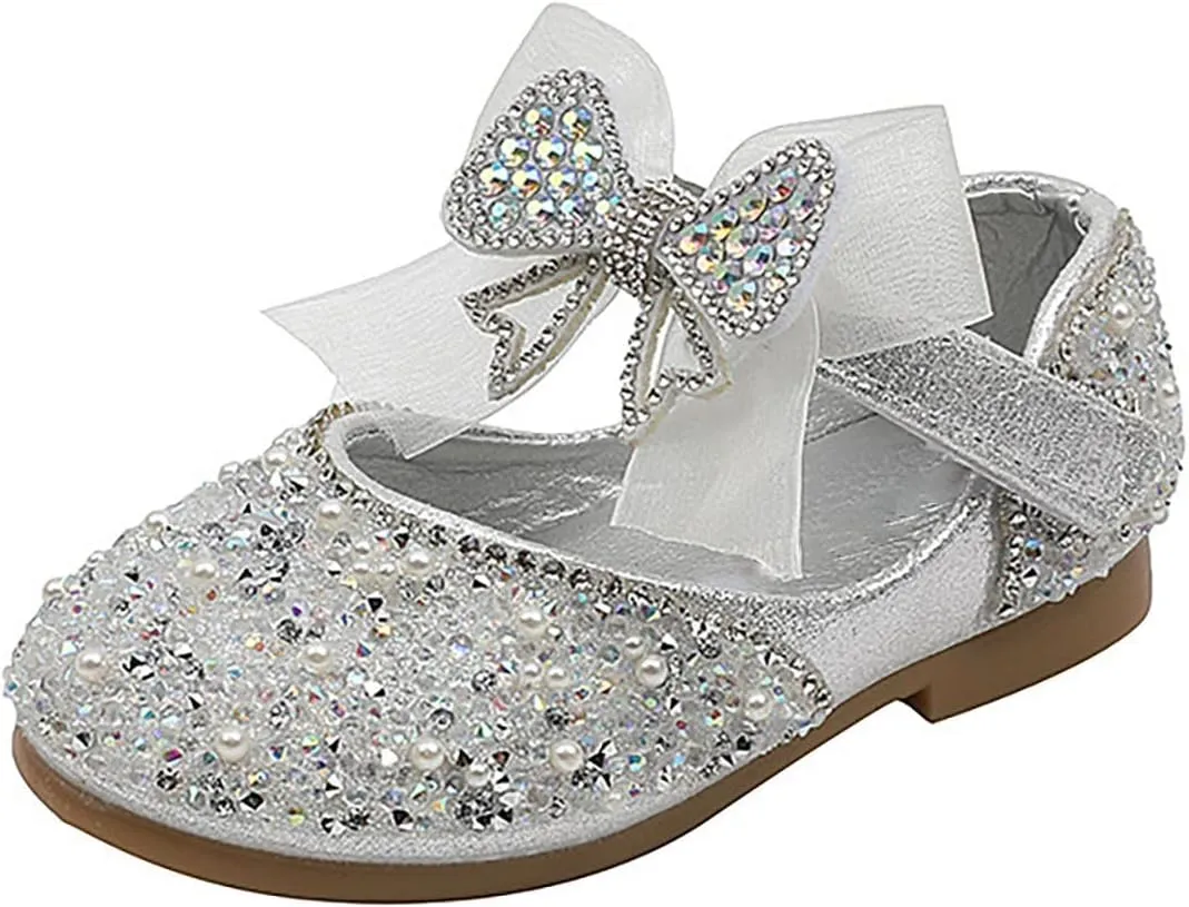 Shining Rhinestones Bow Strap Mary Jane Dress Shoes for Girls, Toddler Kids Sparkly Girls rystal Leather Sandals