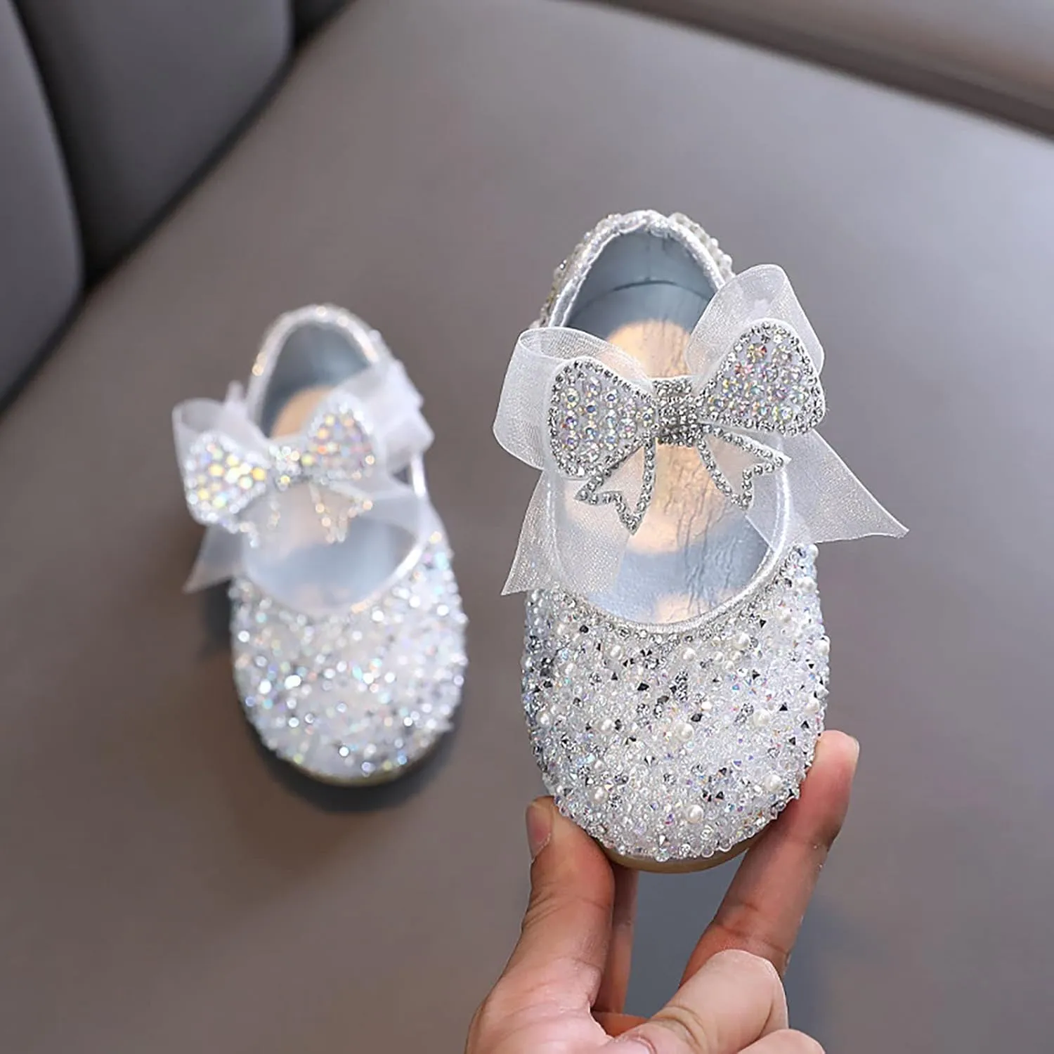 Shining Rhinestones Bow Strap Mary Jane Dress Shoes for Girls, Toddler Kids Sparkly Girls rystal Leather Sandals