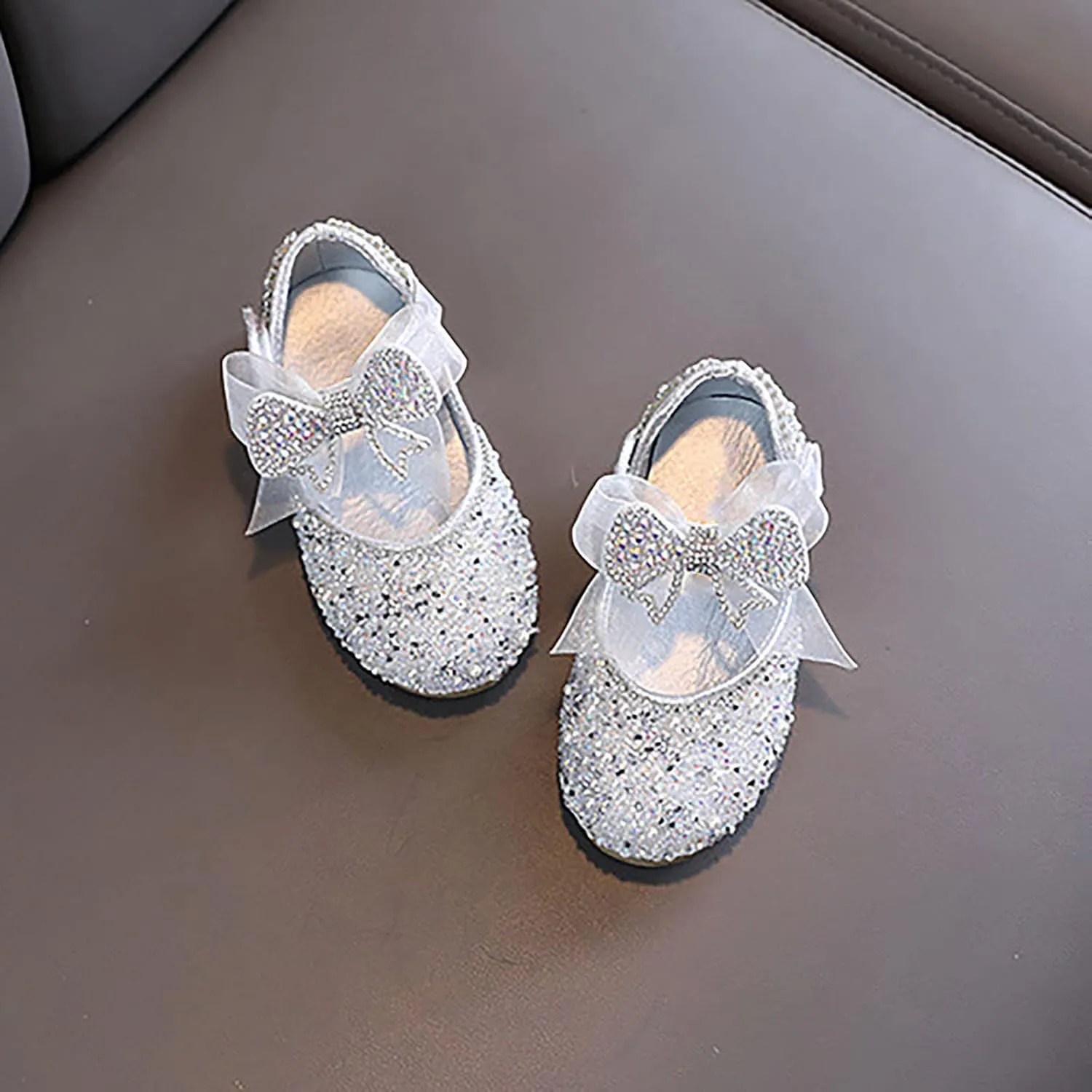 Shining Rhinestones Bow Strap Mary Jane Dress Shoes for Girls, Toddler Kids Sparkly Girls rystal Leather Sandals