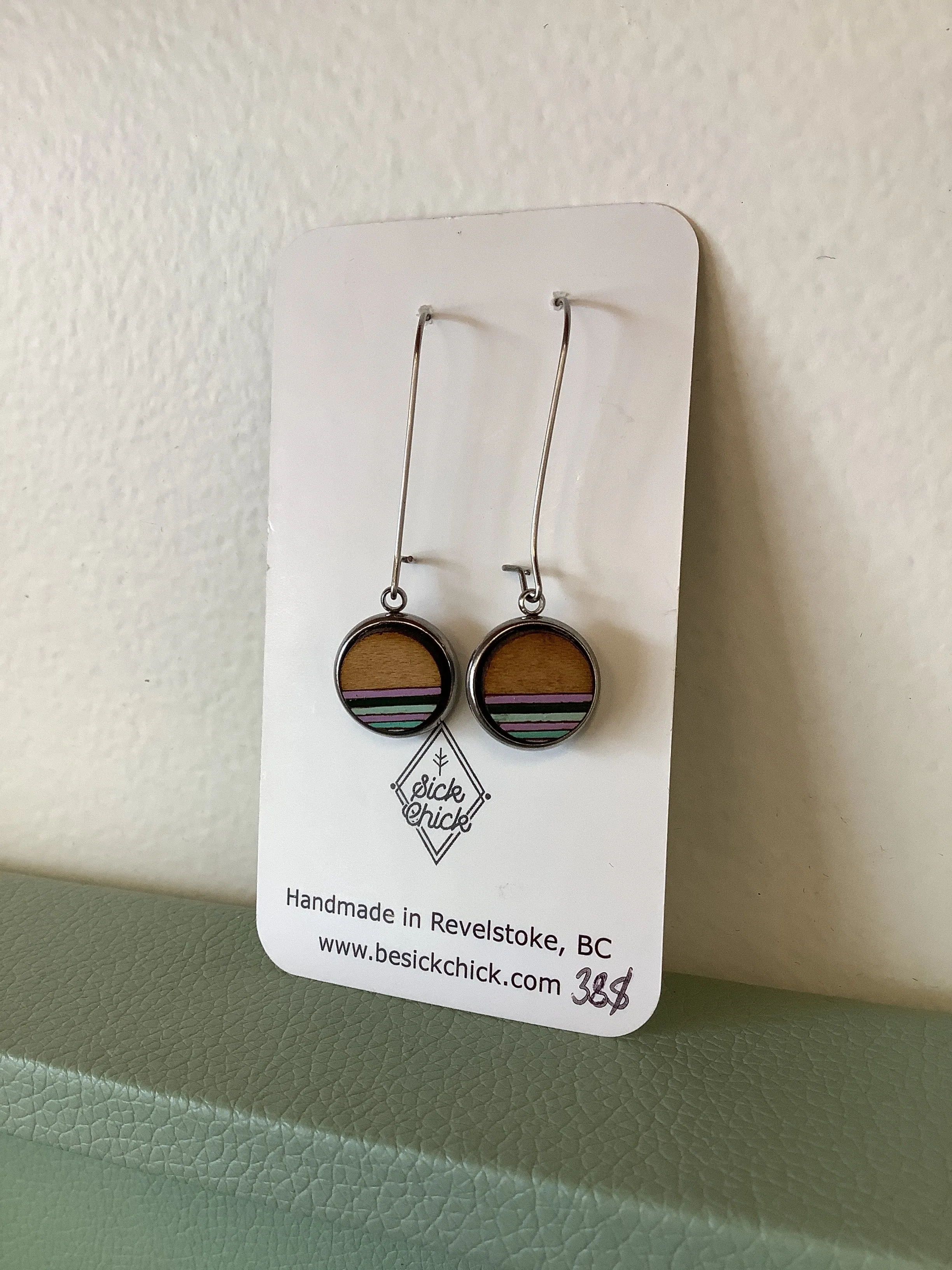 Sick Chick Dangle Striped Wooden Earrings