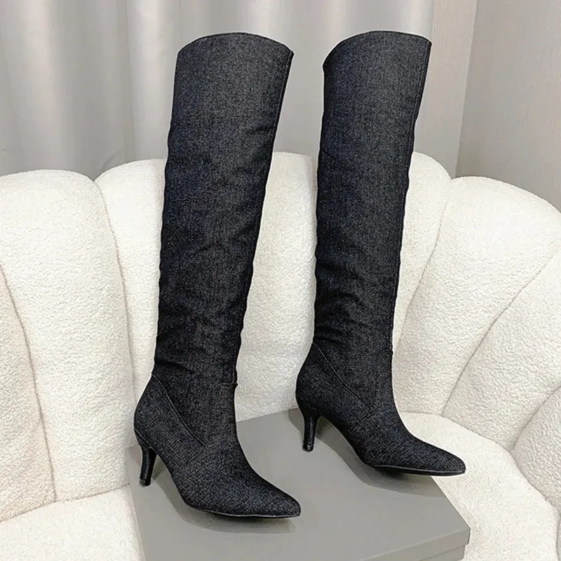 Sohiwoo Blue Denim Pleated Long Boots Women  Autumn Pointed Toe High Heels Knee High Boots Woman Slip On Heeled Western Cowboy Boots
