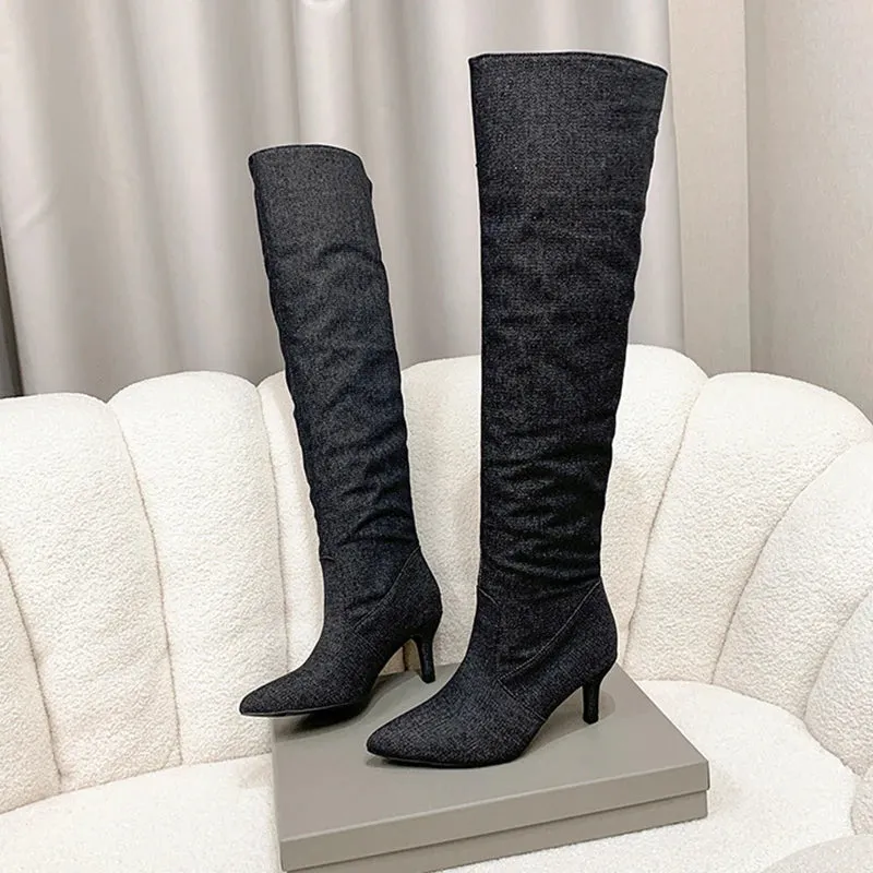 Sohiwoo Blue Denim Pleated Long Boots Women  Autumn Pointed Toe High Heels Knee High Boots Woman Slip On Heeled Western Cowboy Boots