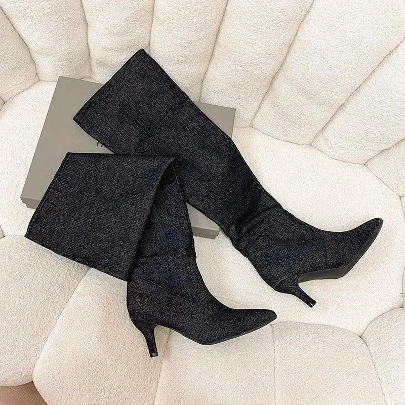 Sohiwoo Blue Denim Pleated Long Boots Women  Autumn Pointed Toe High Heels Knee High Boots Woman Slip On Heeled Western Cowboy Boots