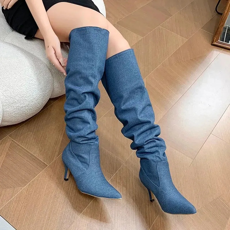 Sohiwoo Blue Denim Pleated Long Boots Women  Autumn Pointed Toe High Heels Knee High Boots Woman Slip On Heeled Western Cowboy Boots