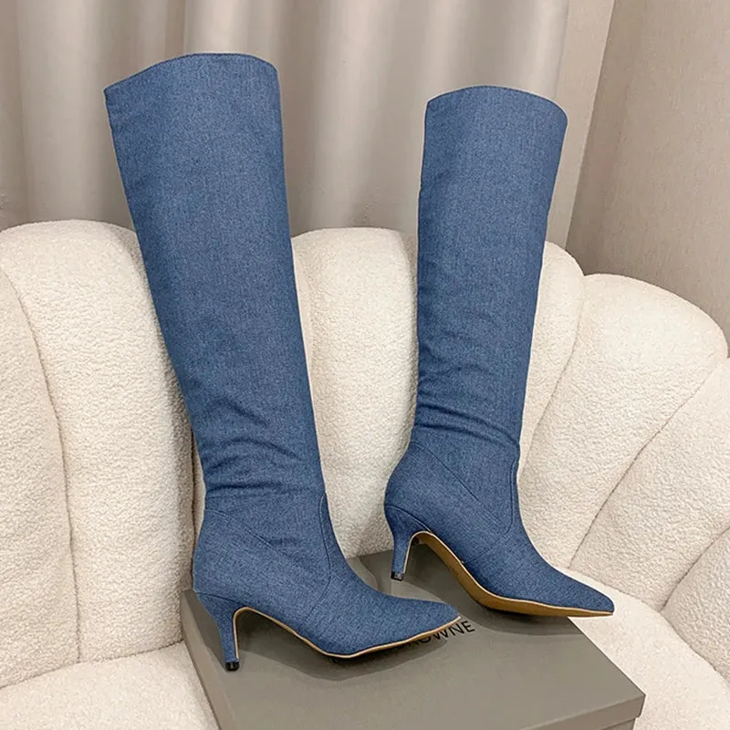 Sohiwoo Blue Denim Pleated Long Boots Women  Autumn Pointed Toe High Heels Knee High Boots Woman Slip On Heeled Western Cowboy Boots
