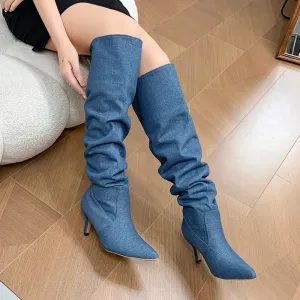 Sohiwoo Blue Denim Pleated Long Boots Women  Autumn Pointed Toe High Heels Knee High Boots Woman Slip On Heeled Western Cowboy Boots