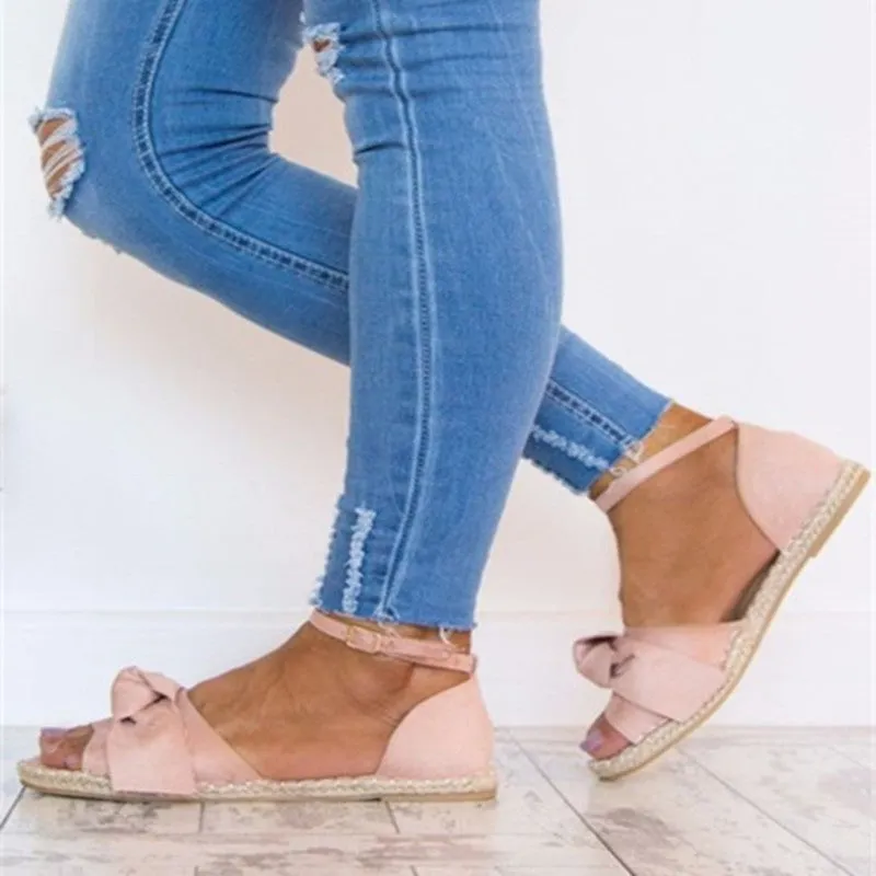 Weave Bowknot Peep Toe Ankle Strap Women Flat Sandals