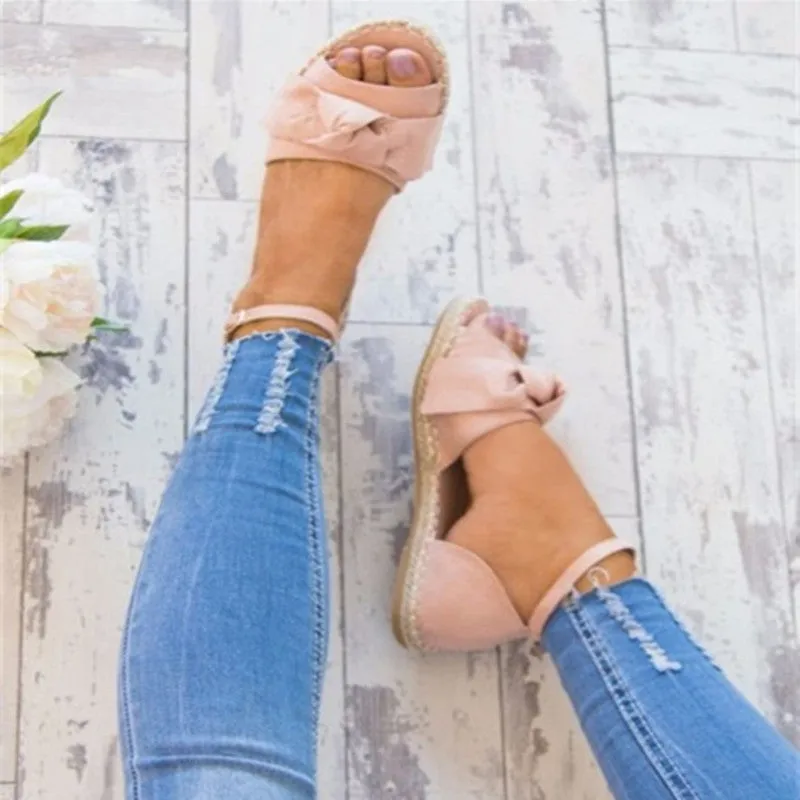 Weave Bowknot Peep Toe Ankle Strap Women Flat Sandals