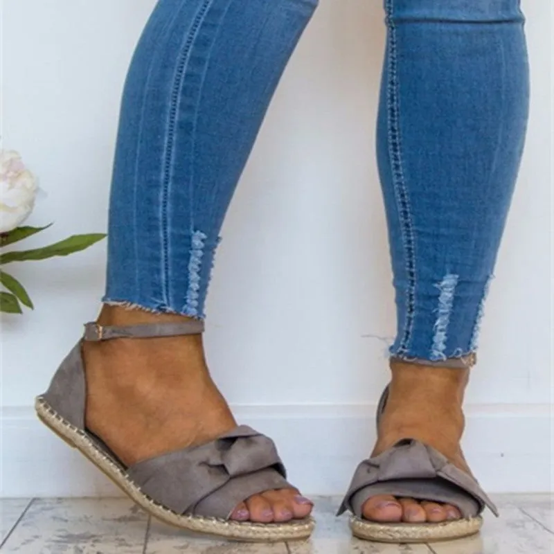 Weave Bowknot Peep Toe Ankle Strap Women Flat Sandals