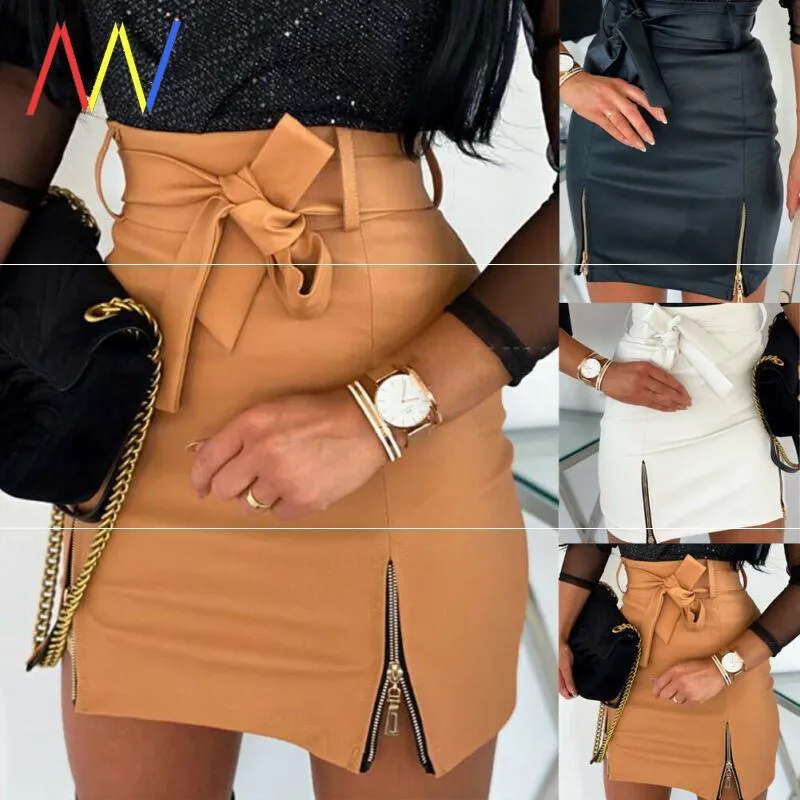 Women’s Bandage PU Leather Mini Skirt