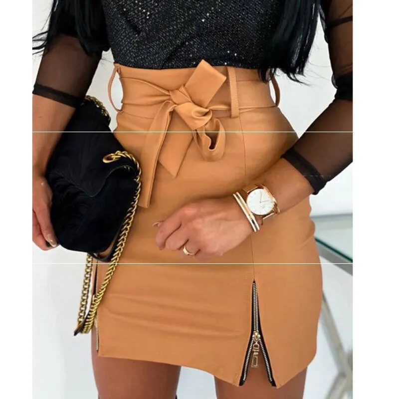 Women’s Bandage PU Leather Mini Skirt