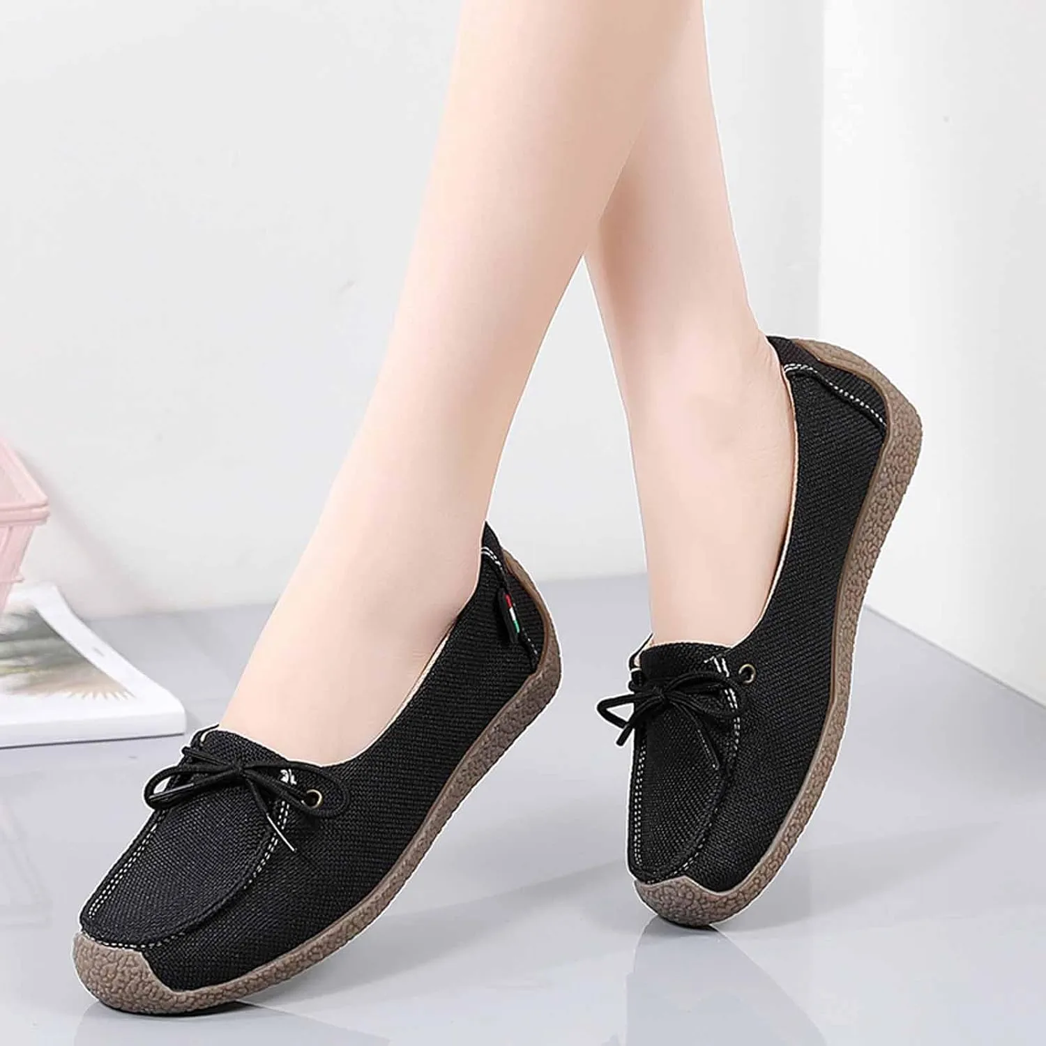 Women's Canvas Lace-up Casual Loafers,Lightweight Soft Sole Slip-on Moccasins Walking Boat Shoes,Comfortable Non-Slip Flat Fashion Sneakers