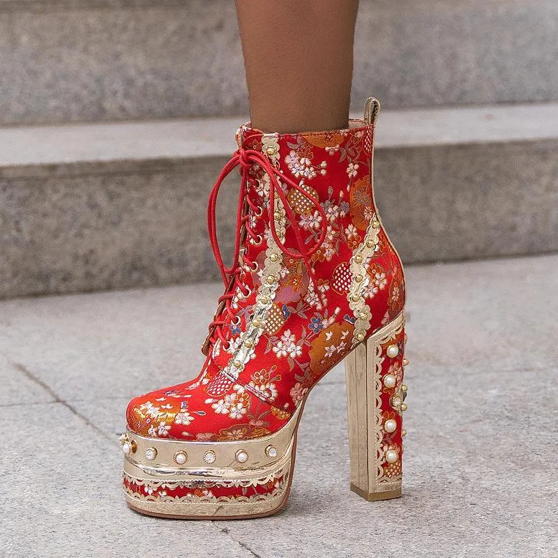Women's luxury flower embroidery pearls chunky high heels booties lace-up ankle boots for party prom