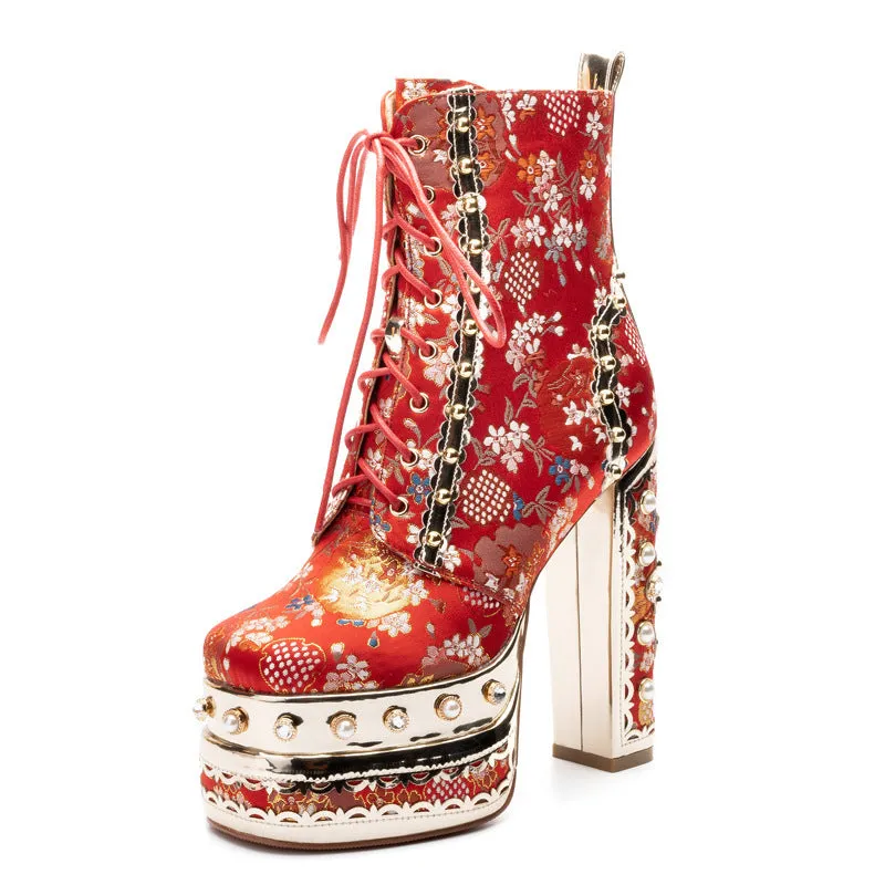Women's luxury flower embroidery pearls chunky high heels booties lace-up ankle boots for party prom