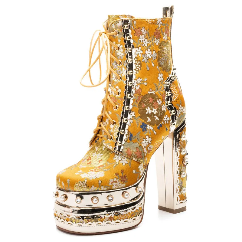 Women's luxury flower embroidery pearls chunky high heels booties lace-up ankle boots for party prom