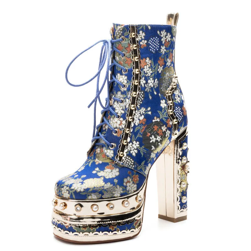 Women's luxury flower embroidery pearls chunky high heels booties lace-up ankle boots for party prom
