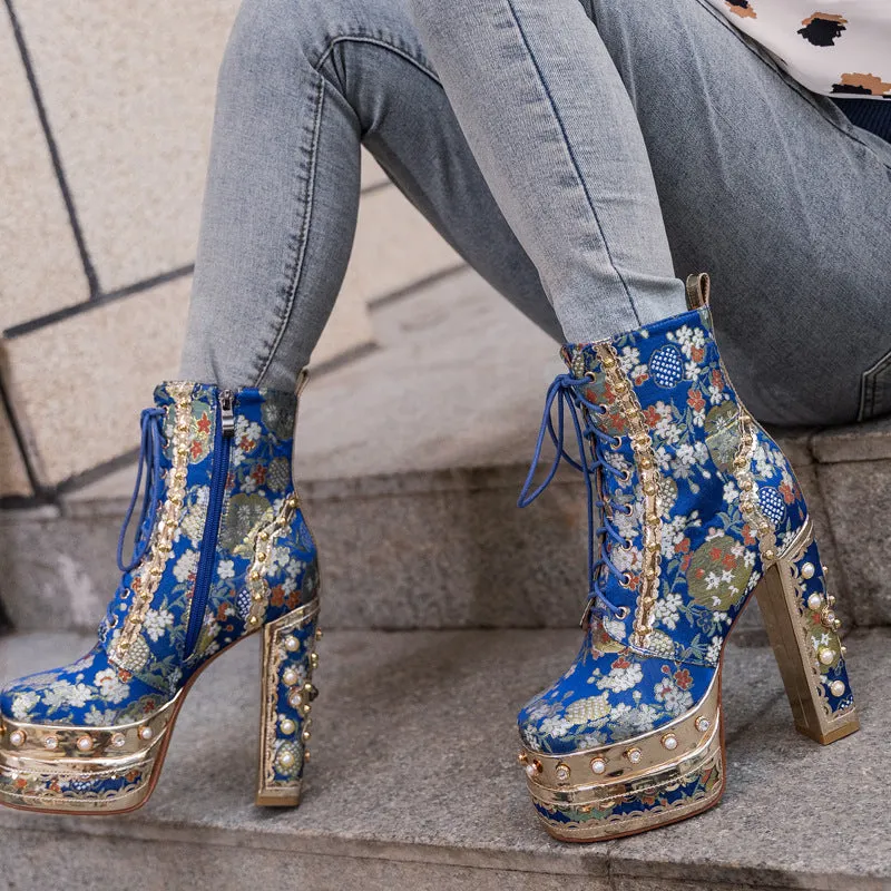 Women's luxury flower embroidery pearls chunky high heels booties lace-up ankle boots for party prom