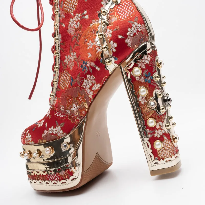 Women's luxury flower embroidery pearls chunky high heels booties lace-up ankle boots for party prom