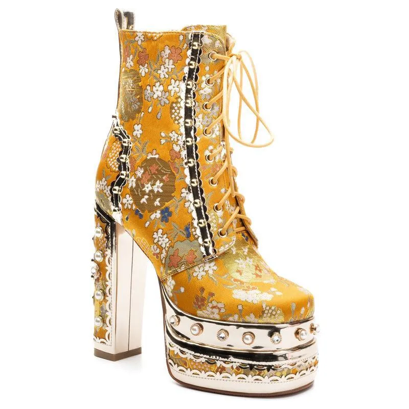 Women's luxury flower embroidery pearls chunky high heels booties lace-up ankle boots for party prom