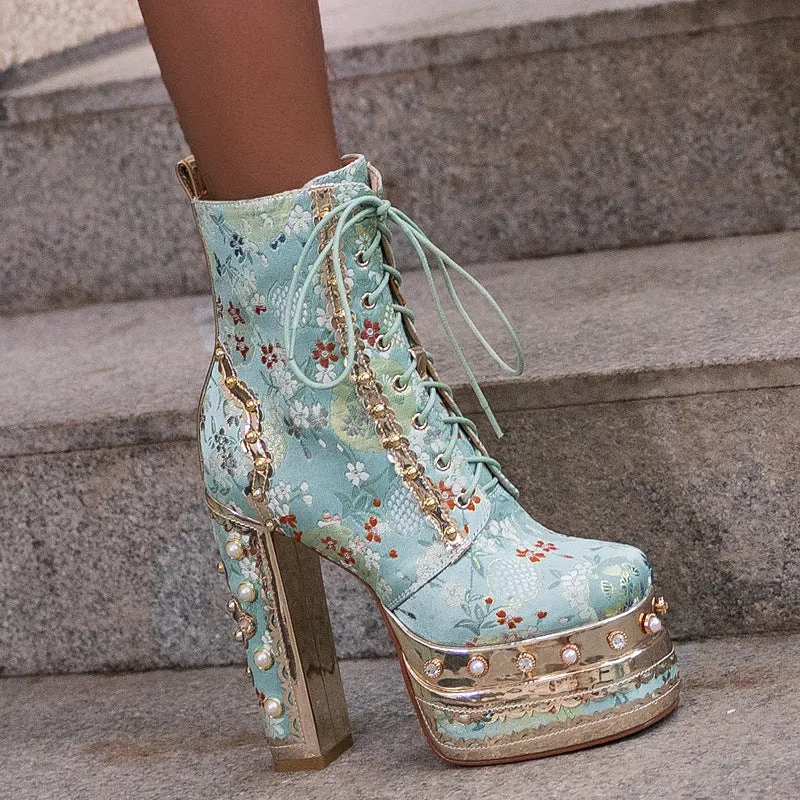 Women's luxury flower embroidery pearls chunky high heels booties lace-up ankle boots for party prom