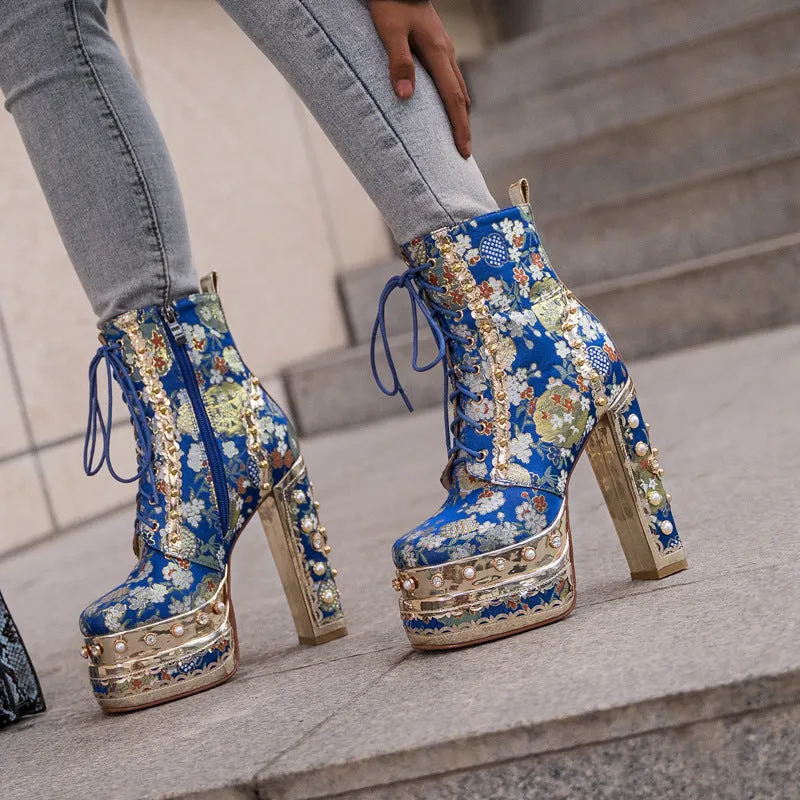 Women's luxury flower embroidery pearls chunky high heels booties lace-up ankle boots for party prom