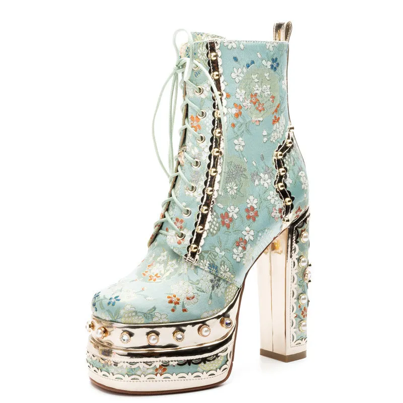 Women's luxury flower embroidery pearls chunky high heels booties lace-up ankle boots for party prom
