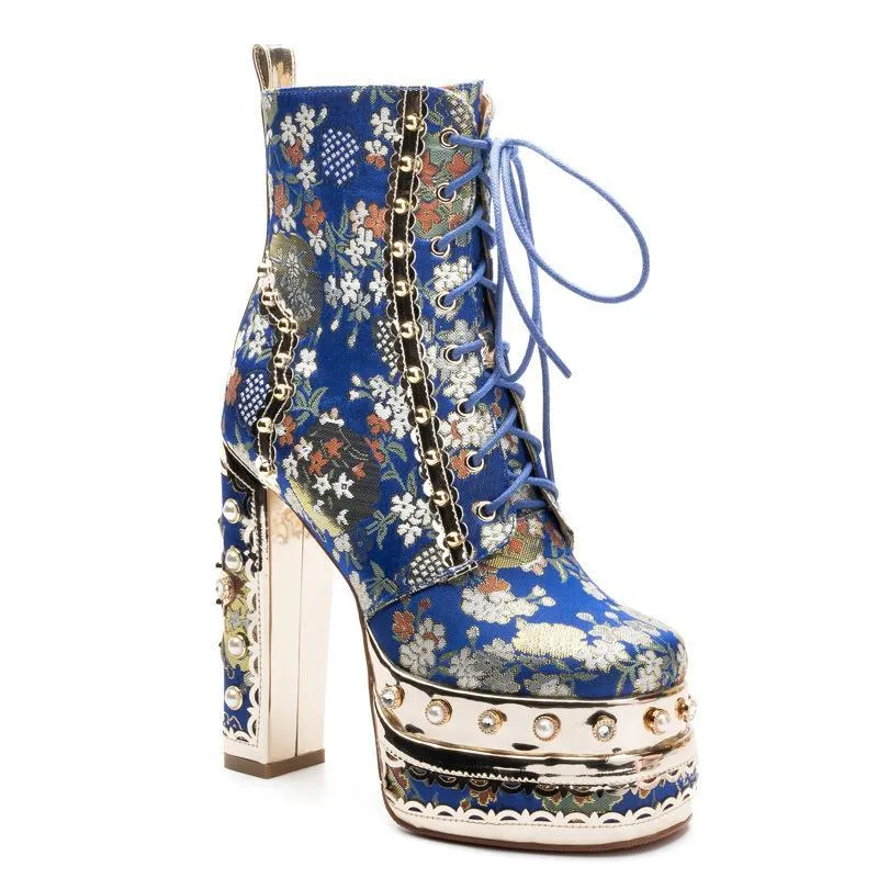 Women's luxury flower embroidery pearls chunky high heels booties lace-up ankle boots for party prom
