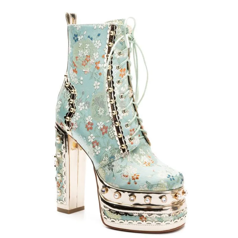 Women's luxury flower embroidery pearls chunky high heels booties lace-up ankle boots for party prom