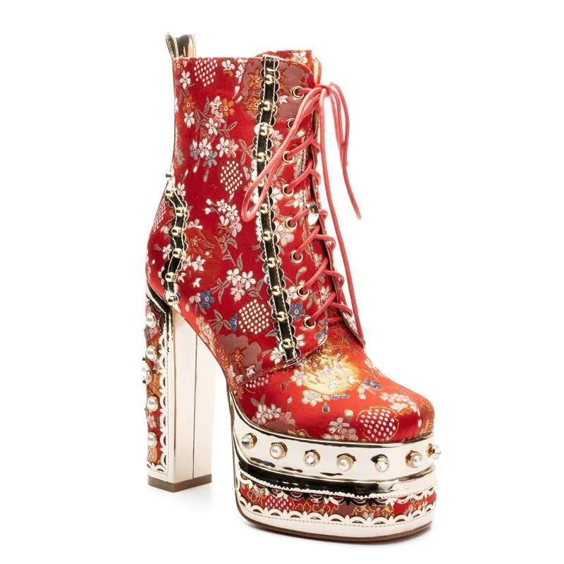 Women's luxury flower embroidery pearls chunky high heels booties lace-up ankle boots for party prom