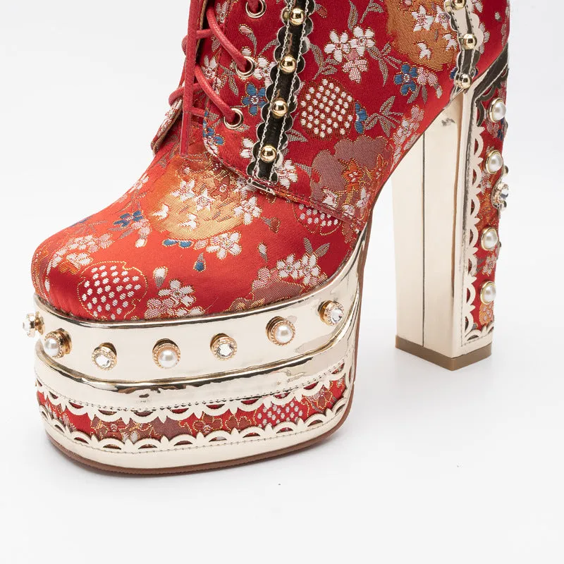 Women's luxury flower embroidery pearls chunky high heels booties lace-up ankle boots for party prom