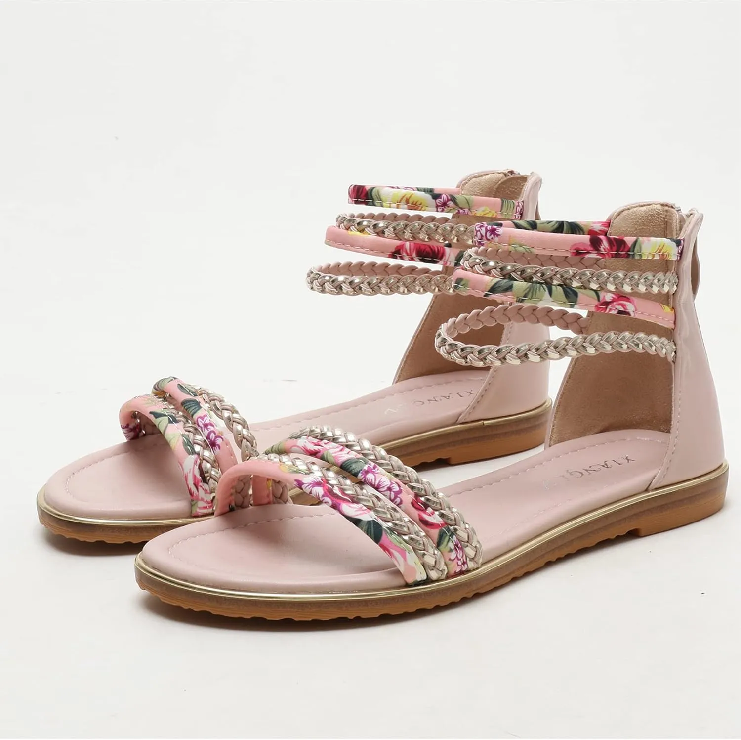 Womens Summer Rhinestone Embellished Flat Braided Shoes Studding Gladiator Sandals with Zipper Closure