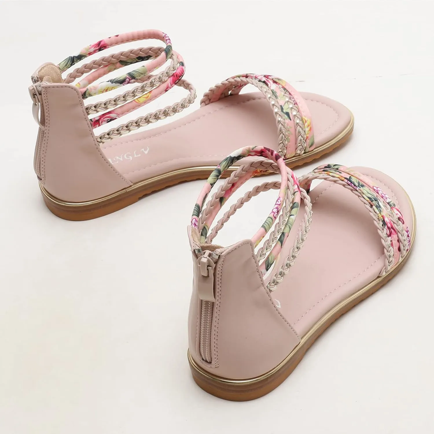 Womens Summer Rhinestone Embellished Flat Braided Shoes Studding Gladiator Sandals with Zipper Closure