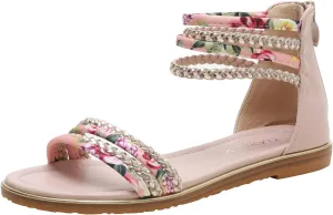 Womens Summer Rhinestone Embellished Flat Braided Shoes Studding Gladiator Sandals with Zipper Closure