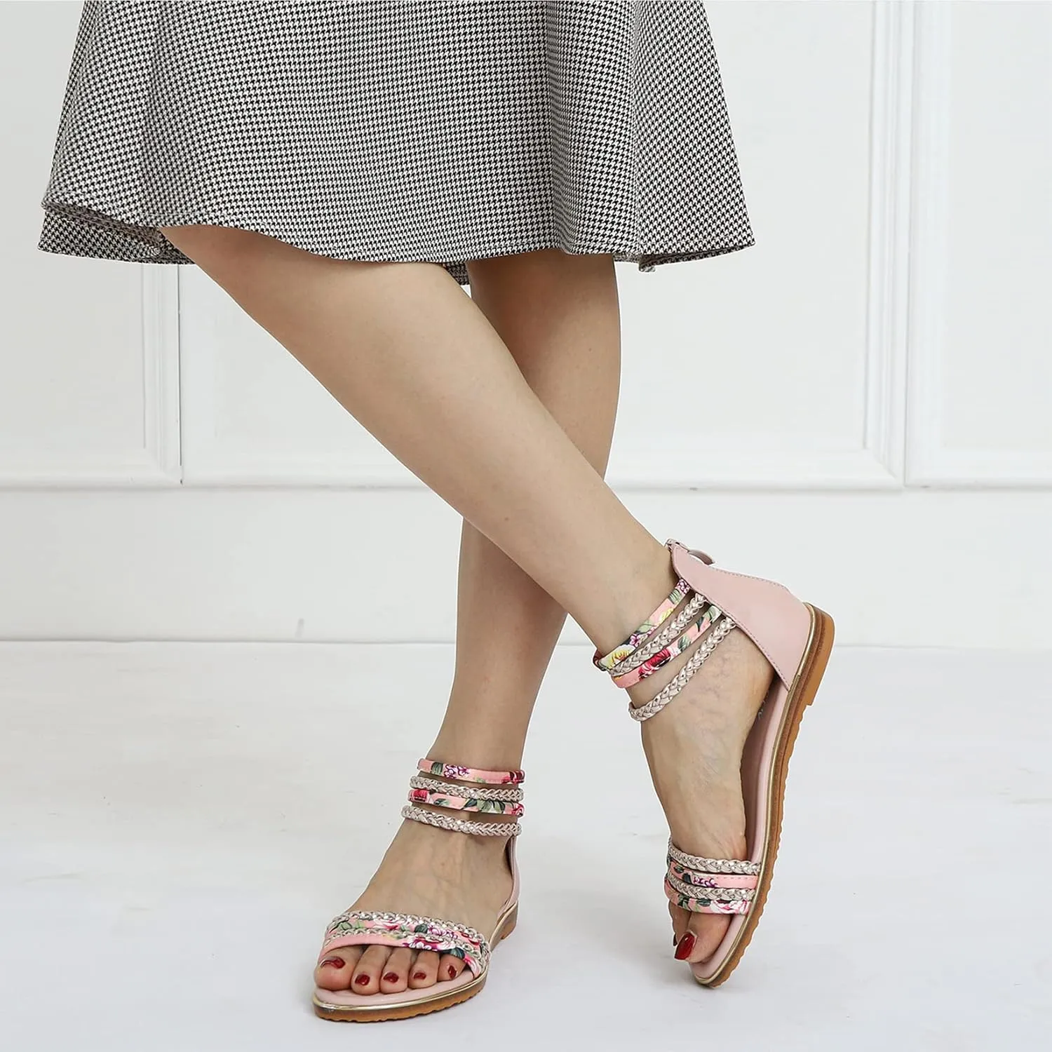 Womens Summer Rhinestone Embellished Flat Braided Shoes Studding Gladiator Sandals with Zipper Closure