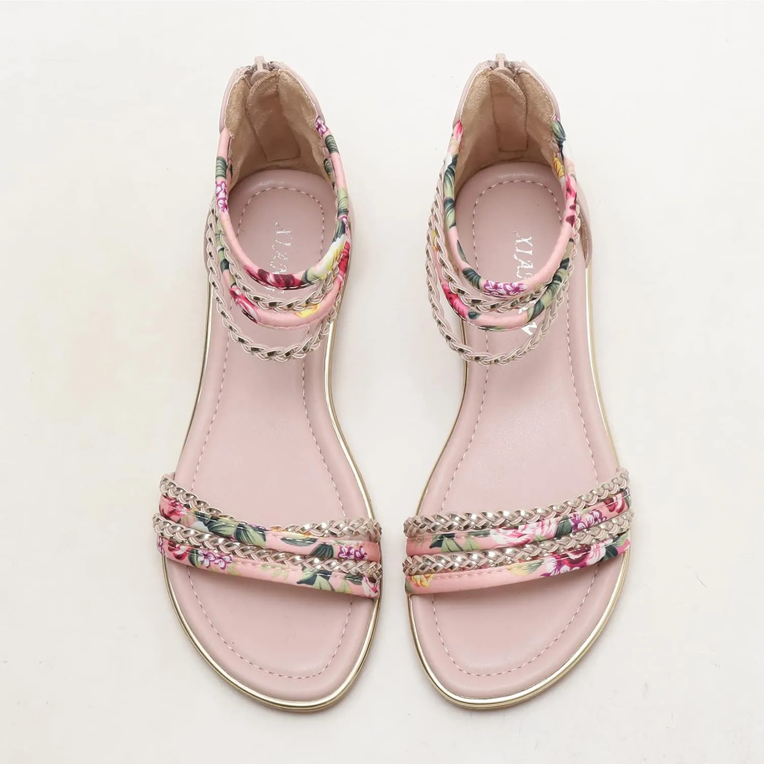 Womens Summer Rhinestone Embellished Flat Braided Shoes Studding Gladiator Sandals with Zipper Closure