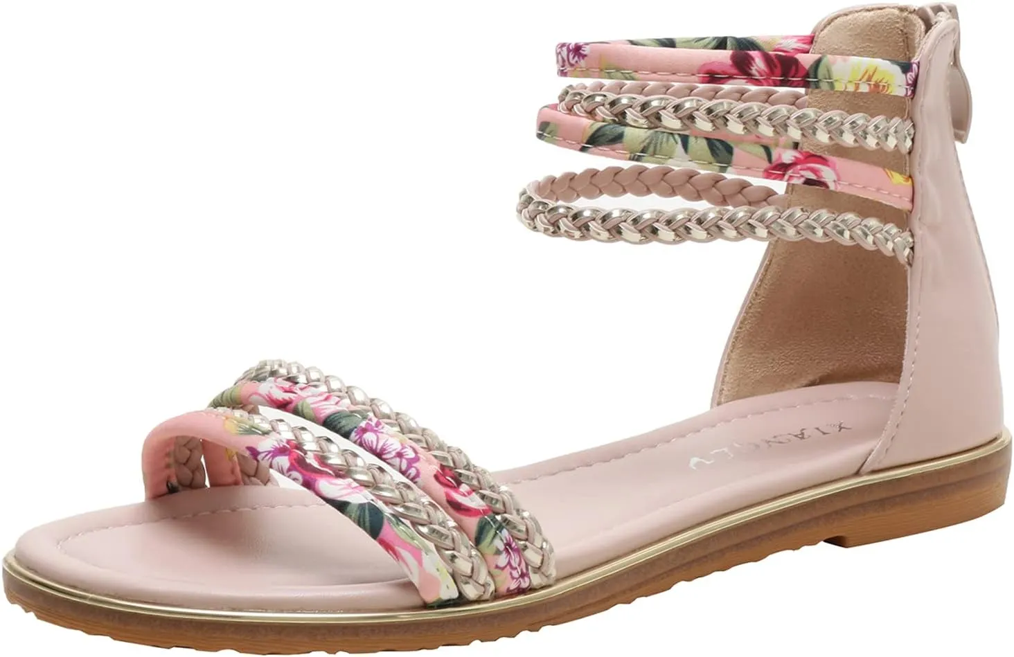 Womens Summer Rhinestone Embellished Flat Braided Shoes Studding Gladiator Sandals with Zipper Closure