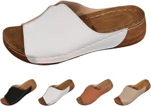 YOLAI Women's Solid Color Sandals Comfortable Arch Support Slides Breathable Summer Orthotic Leather Platform Wedge Sandals Slip on Women All Day Walking Casual Sandal